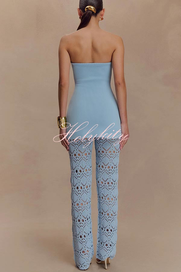 Trena Crochet Knit Hollow Mid Rise Stretch Wide Leg Pants