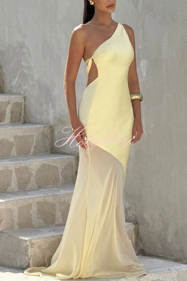 Fable Satin One Shoulder Back Adjustable Straps Contrast Chiffon Hem Maxi Dress