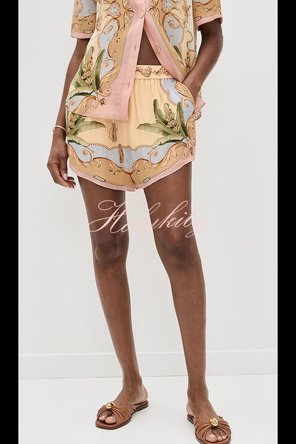 Royalty Unique Print Button Up Short Sleeve Shirt and Elastic Waist Pocketed Loose Shorts Set