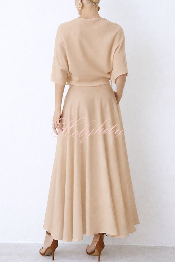Modern and Elegant Satin Half Wide Sleeve Wrap Style Pocket Slit Loose Maxi Dress
