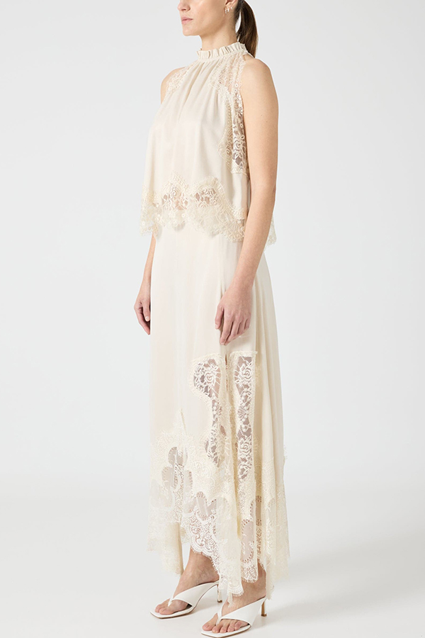 Modern Muse Satin Lace Trim Pleated Neck Top and A-line Irregular Slit Skirt Set