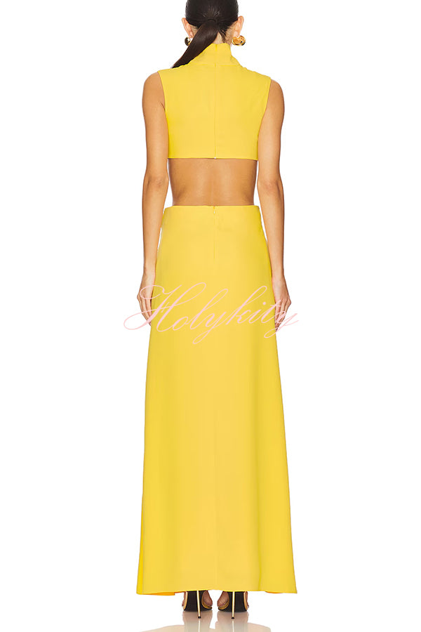 Avery High Neck Metal Decoration Cutout Waist Maxi Dress