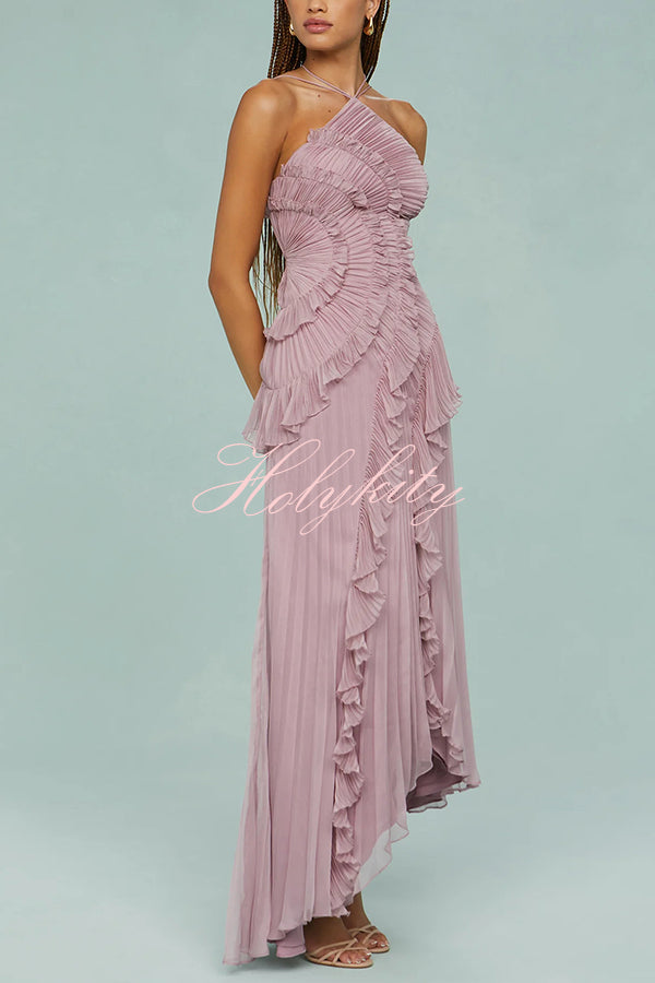 Dream Ode Lily Pad Style Pleats and Ruffles Halter Gown Maxi Dress