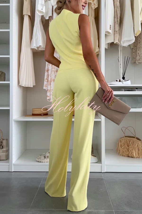 Workplace Chic Sleeveless Button Vest and Relaxed Pocket Wide Leg Pants Set