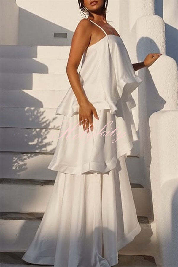 Soft and Smooth Satin Tiered Slip Square Neck A-line Maxi Dress