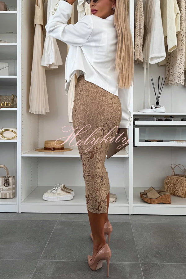 Lesia Floral Lace High Rise Slit Stretch Midi Skirt