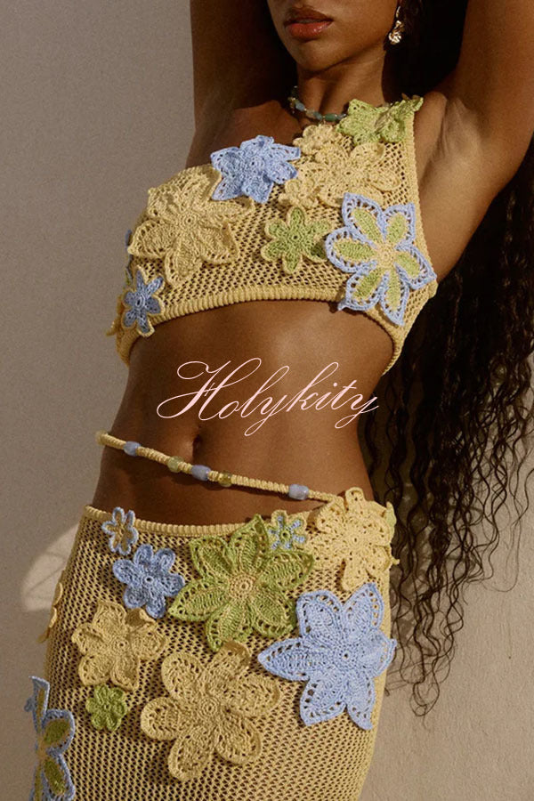 Susanna Knit Crochet Handmade Flower One Shoulder Stretch Crop Tank