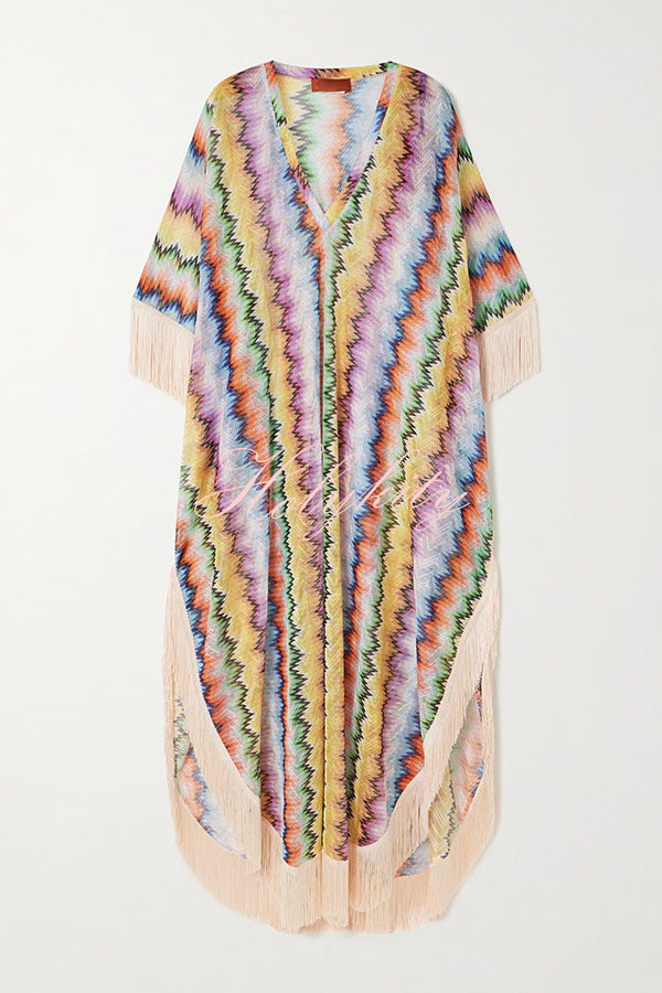 Mezcal Knit Colorful Zigzag Pattern Tassle Trim Loose Kaftan Maxi Dress