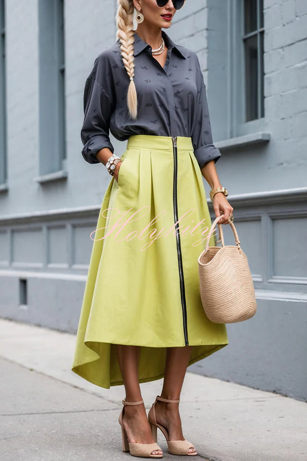 Effortless Charm Front Zipper Detail Pocketed High Low Pleated Midi Skirt