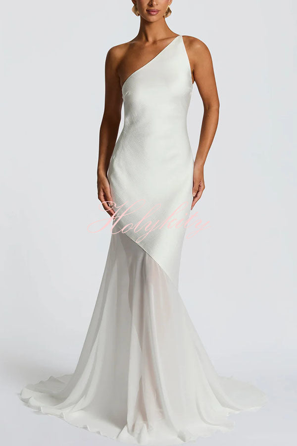 Fable Satin One Shoulder Back Adjustable Straps Contrast Chiffon Hem Maxi Dress