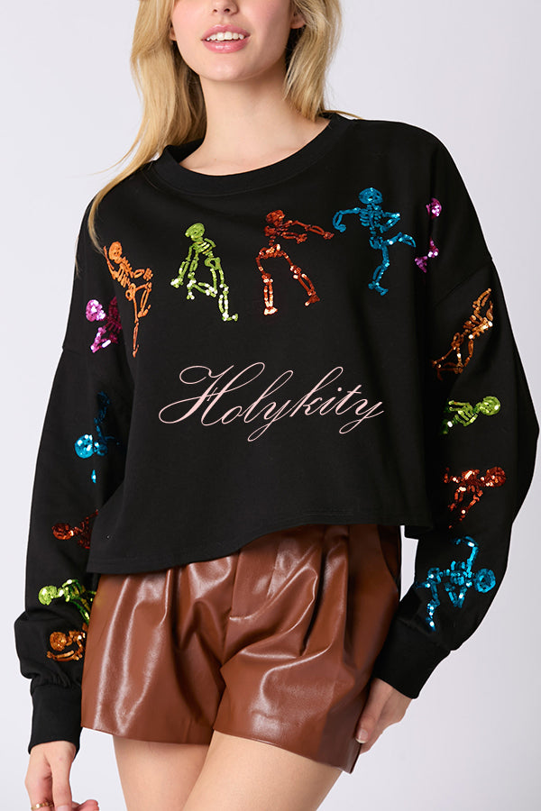 Halloween Skull Sequin Loose Crop Casual Sweatshirt