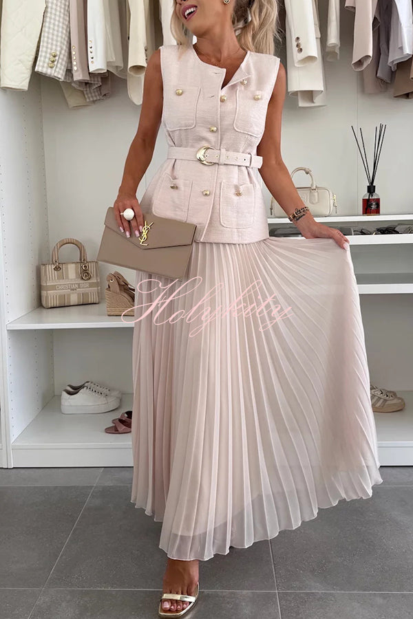 Relaxed and Elegant Round Neck Button Up Belted Pocket Loose Vest