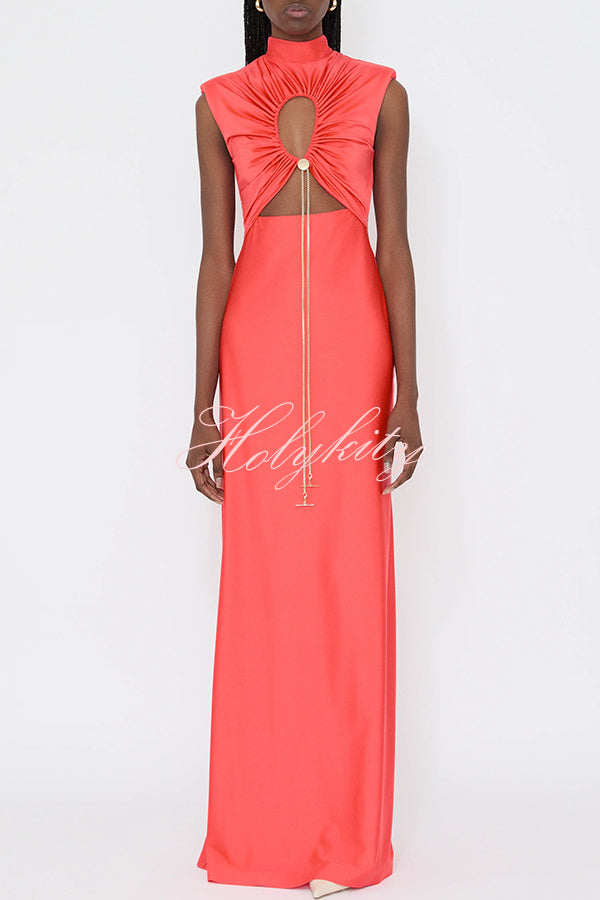 Genis Hollow Elastic Bust High Neck Sleeveless Gathered Maxi Dress