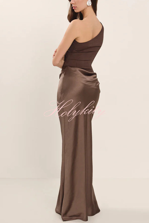 Kaia Satin Contrast Fabric Patchwork One Shoulder Ruched Maxi Dress