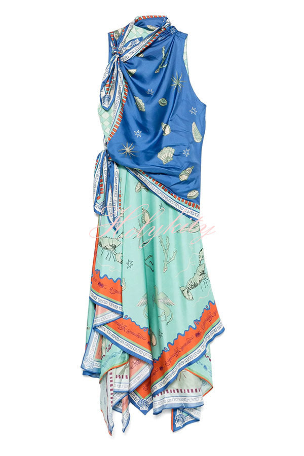 Surrealist Summer Satin Unique Print Tie-up Details Layered Hem Scarf Maxi Dress