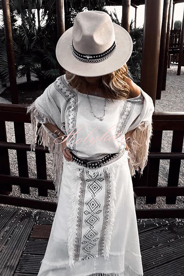 Beach Chic Linen Blend Ethnic Print Patchwork Tassel Elastic Waist A-line Skirt