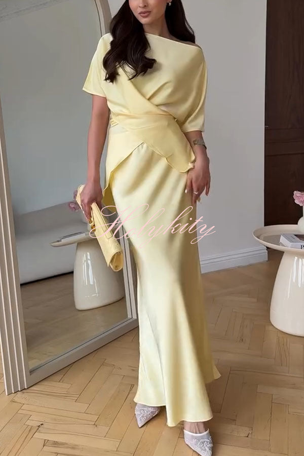 Secret of Elegance Satin Slit Back Lace-up Top and Elastic Waist Flare Maxi Skirt Set