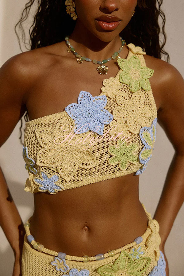 Susanna Knit Crochet Handmade Flower One Shoulder Stretch Crop Tank