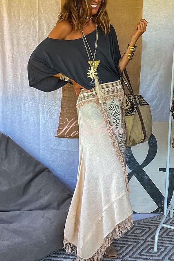 Beach Chic Linen Blend Ethnic Print Patchwork Tassel Elastic Waist A-line Skirt