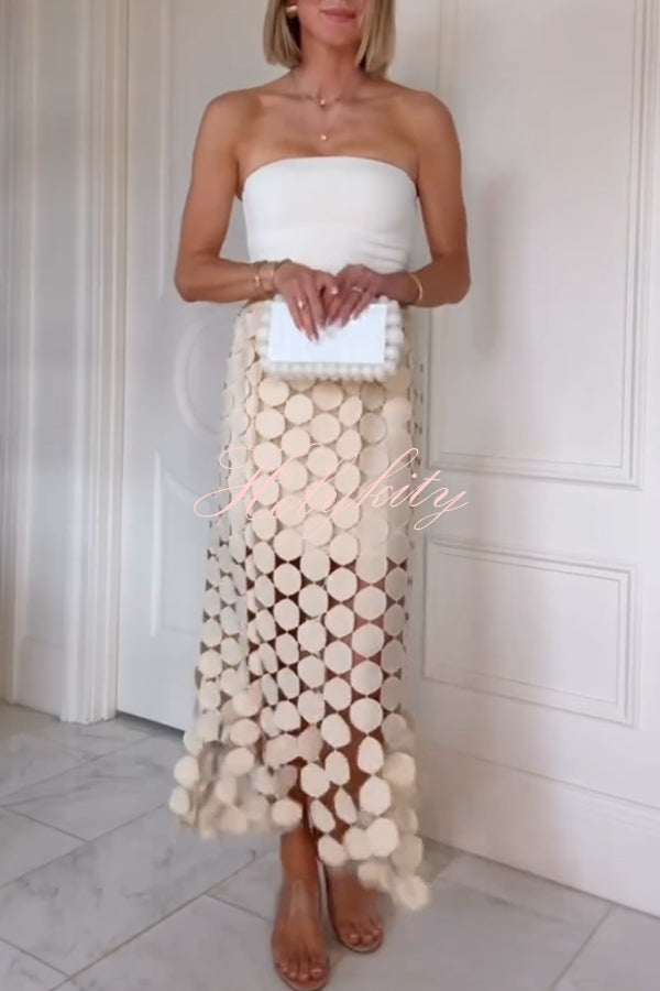 Casie See Through Circle Embroidery Elastic Waist Tassle Hem Maxi Skirt