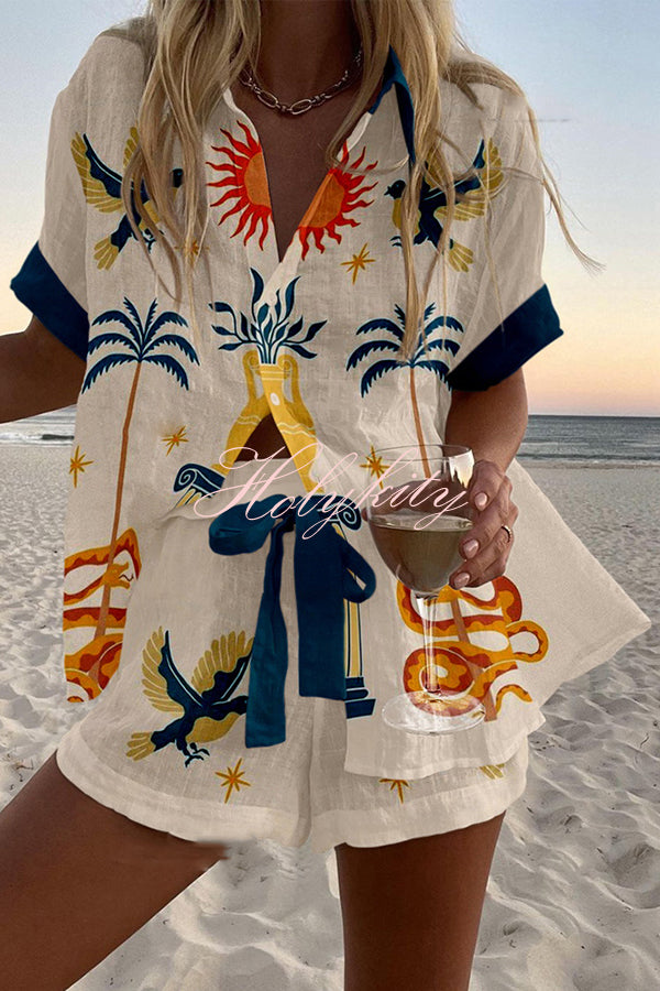 Holiday Print Loose Button Elastic Waist Shorts Set