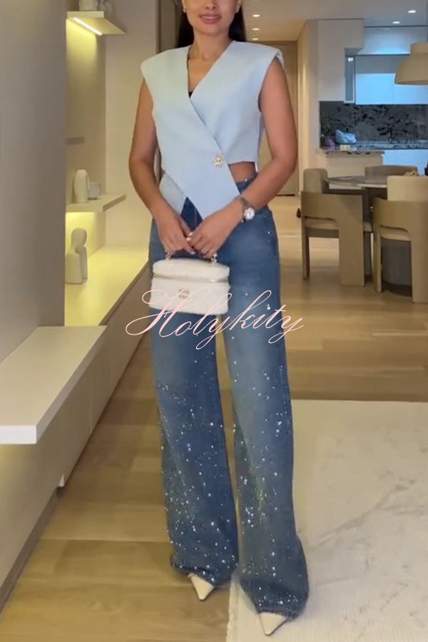 Fashion Star Rhinestone High Rise Casual Pocket Straight Loose Jeans