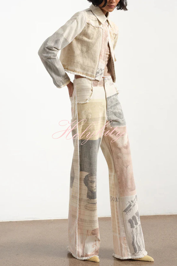 Historic Imagery Unique Print High Rise Pocketed Wide Leg Jeans