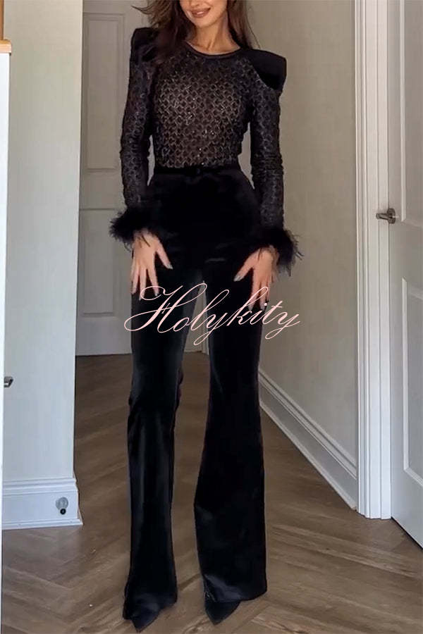 Monique Fish Scale Lace Sequin Velvet Patchwork Feather Trim Stretch Flare Jumpsuit Belted
