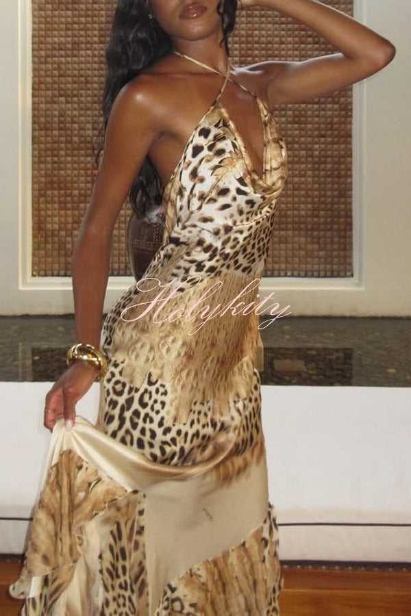 Coral Satin Leopard Print Halter Cowl Neck Exaggerated Ruffles Hem Maxi Dress