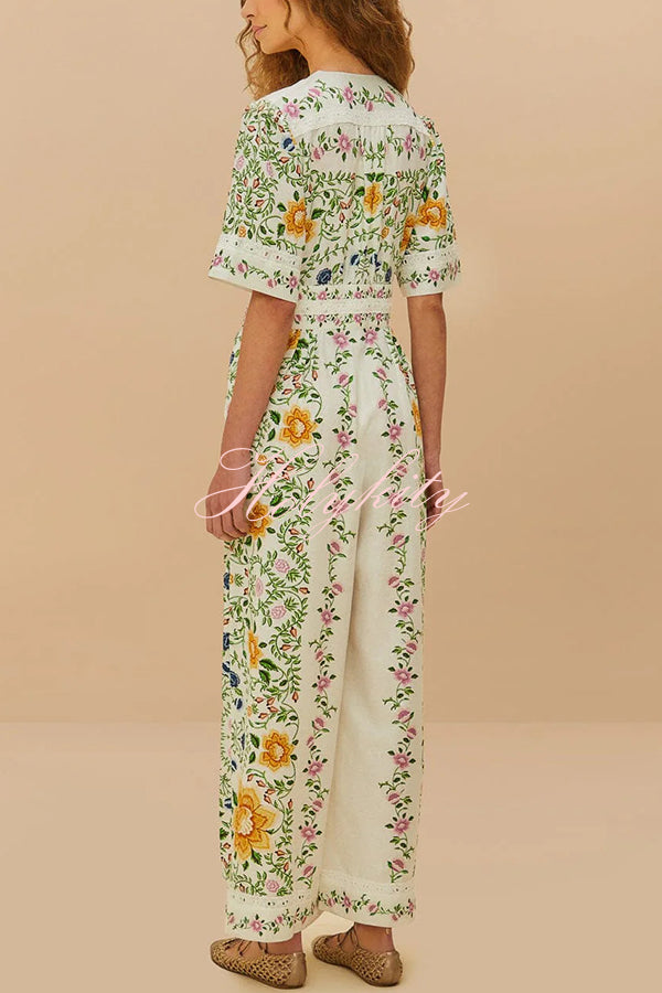 Natural Charm Linen Blend Floral  Print Short Sleeve Pocketed Wide Leg Jumpsuit