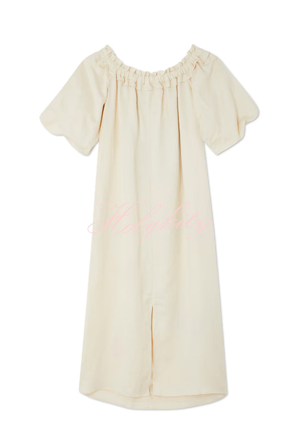 Sunveil Linen Blend Unique Print Puff Sleeve Pocket Strapless Maxi Dress