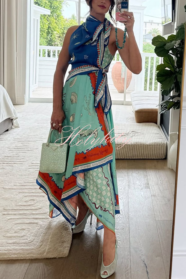 Surrealist Summer Satin Unique Print Tie-up Details Layered Hem Scarf Maxi Dress