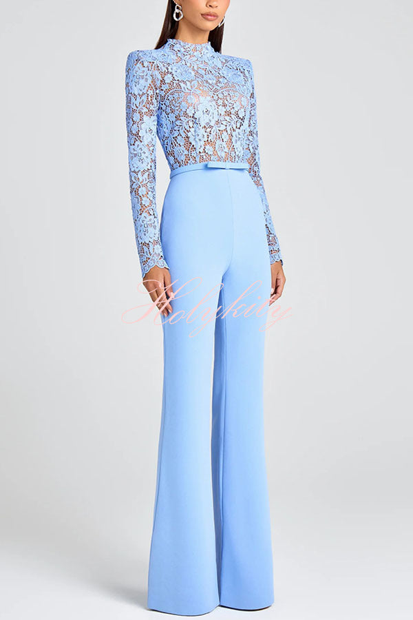 Party Charmer Flower Lace Patchwork Long Sleeve Bow Belted Flare Jumpsuit