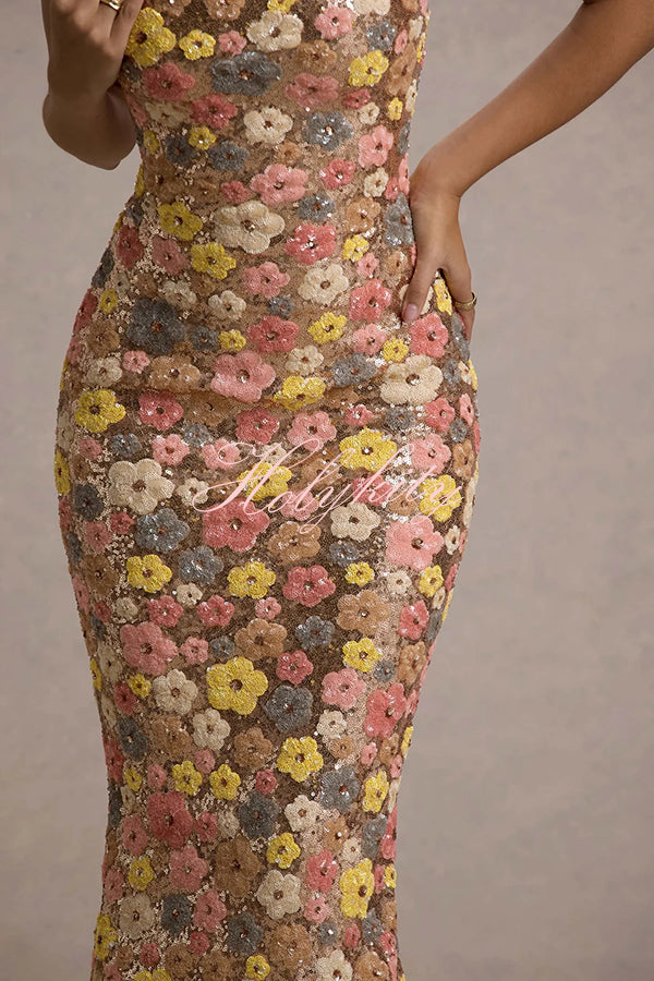 80's Inspired Floral Print Sequin Square Neck Slip Stretch Maxi Dress