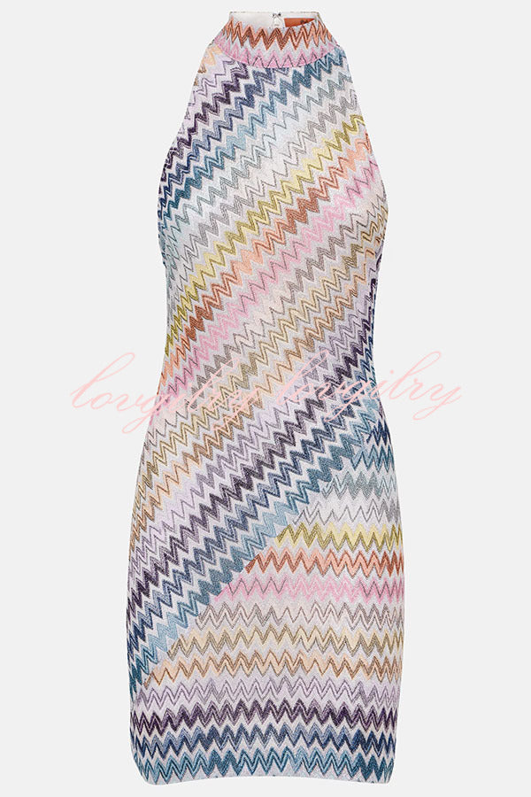 Whimsical Moment Knit Colorful Zigzag Pattern High Neck Sleeveless Mini Dress
