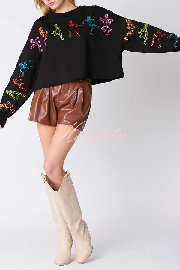 Halloween Skull Sequin Loose Crop Casual Sweatshirt
