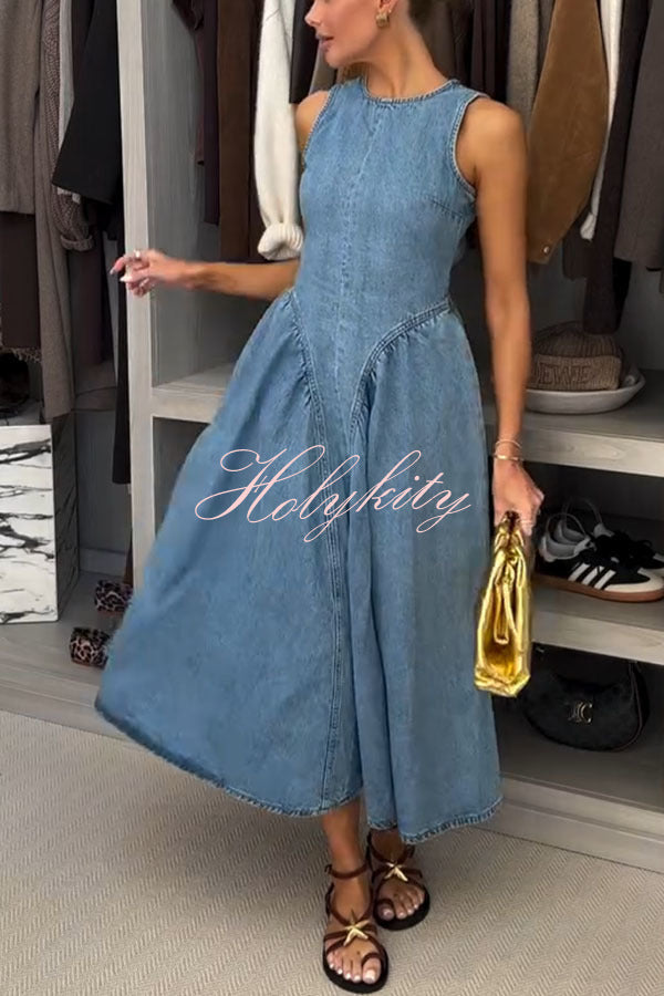 Classic and Stylish Denim Open Back Tie-up Gathered Hip Stretch Midi Dress