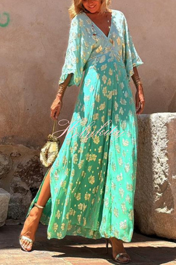 Avani Tie Dye Gradient Golden Flower Print Wide Sleeve Elastic Waist Jumpsuit