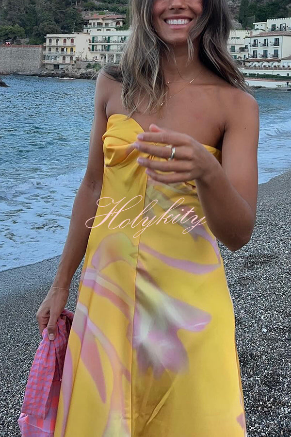 Catalina Island Satin Floral Print Twist Bust Halter Maxi Dress