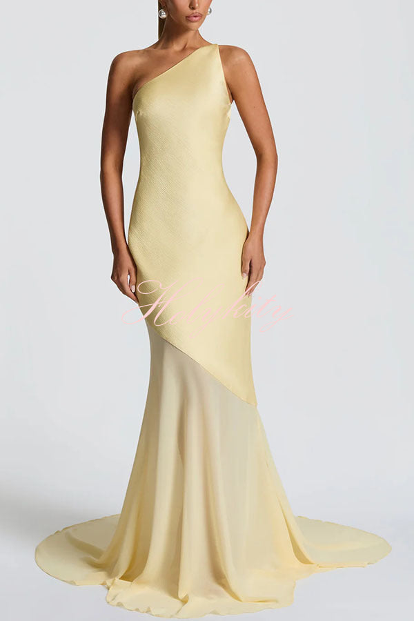 Fable Satin One Shoulder Back Adjustable Straps Contrast Chiffon Hem Maxi Dress