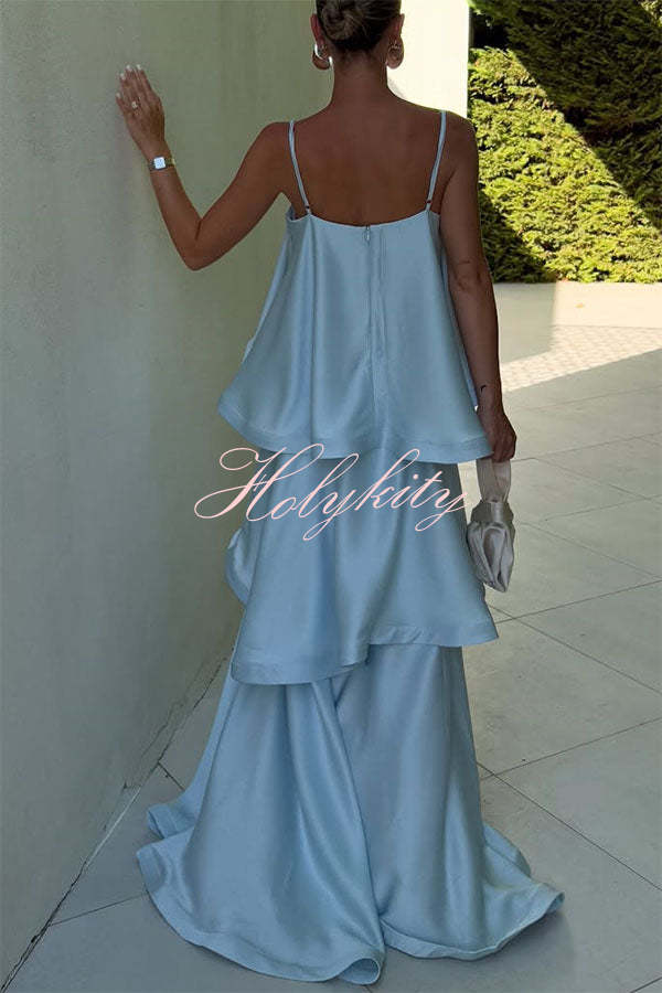 Soft and Smooth Satin Tiered Slip Square Neck A-line Maxi Dress