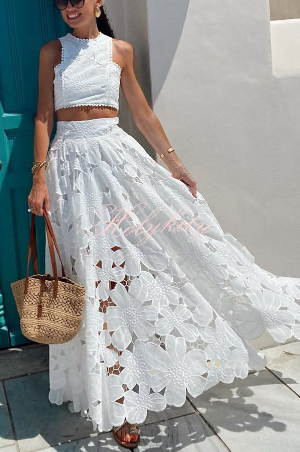 Next Trip Floral Embroidery Crochet Lace Elastic Waist Pocket Maxi Skirt