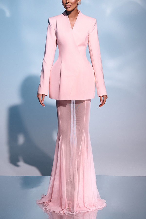 Shes Timeless Mesh High Rise Elastic Waist Fishtail Maxi Skirt