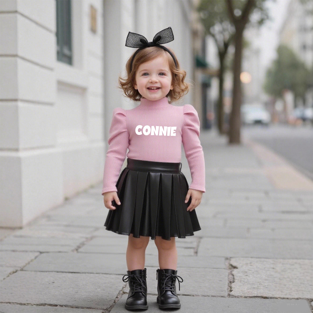 Personalized Girl Undershirt & PU Pleated Skirt Matching Set | Cloth245