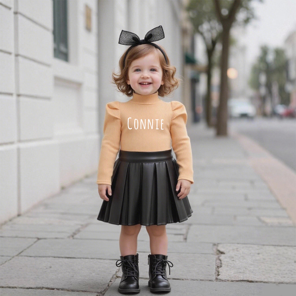 Personalized Girl Undershirt & PU Pleated Skirt Matching Set | Cloth245