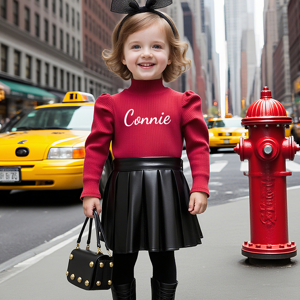 Personalized Girl Undershirt & PU Pleated Skirt Matching Set | Cloth245