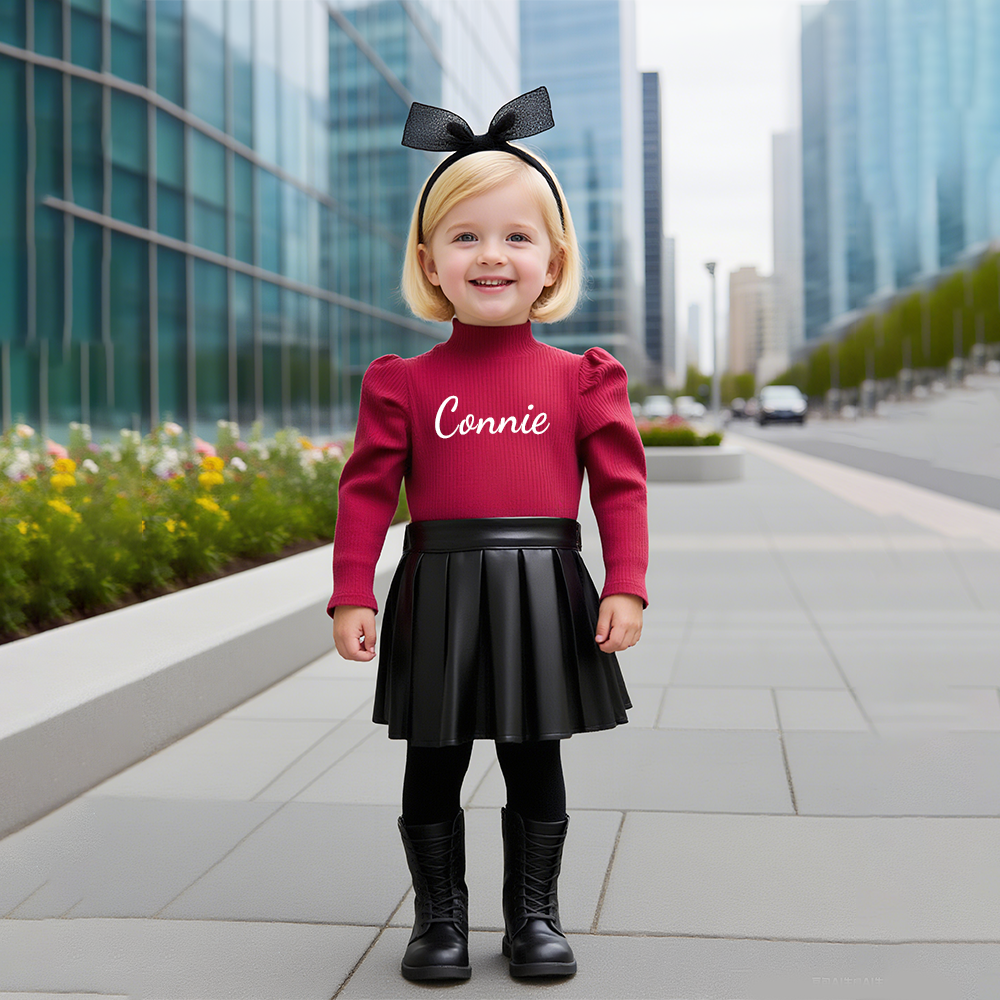 Personalized Girl Undershirt & PU Pleated Skirt Matching Set | Cloth245