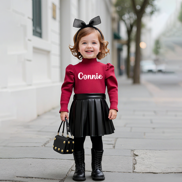 Personalized Girl Undershirt & PU Pleated Skirt Matching Set | Cloth245