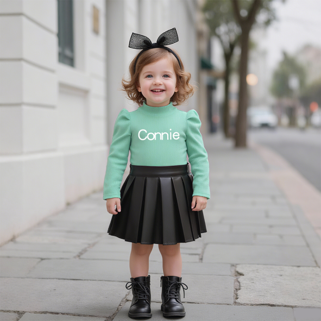 Personalized Girl Undershirt & PU Pleated Skirt Matching Set | Cloth245