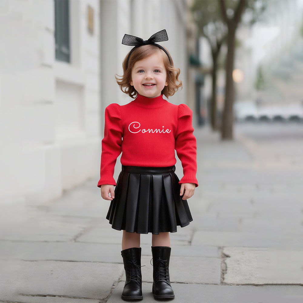 Personalized Girl Undershirt & PU Pleated Skirt Matching Set | Cloth245